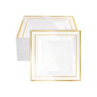 M Honor 50 Pack Square Gold Rimmed Plastic Plates | 10"-1