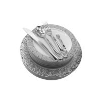 M Honor Silver Lace Rim 150 Piece Plastic Plates & Cutlery Set | 25 Place Settings | La Crete Home Hardware