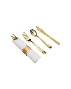 M Honor Gold 10 Pack Plastic Cutlery | Wrapped In Napkin | Fork, Knife and Spoon