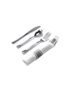 M Honor Silver 10 Pack Plastic Cutlery | Wrapped In Napkin | Fork, Knife and Spoon