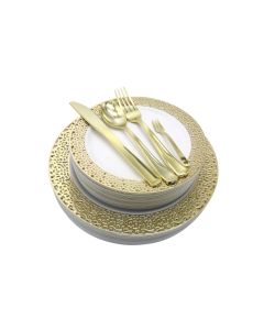 M Honor Gold Lace Rim 150 Piece Plastic Plates & Cutlery Set | 25 Place Settings