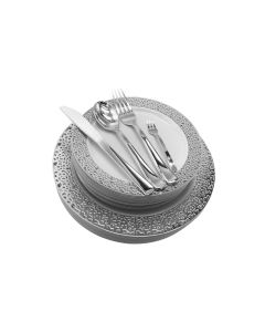 M Honor Silver Lace Rim 150 Piece Plastic Plates & Cutlery Set | 25 Place Settings