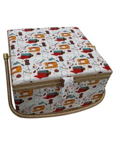 Sewing Basket Vintage Print with Lid, 12.4 in x 12.4 in and 7.5 in tall – Large Capacity Sewing Box in Four Different Prints, Plastic Tray with Multiple Tray Included
