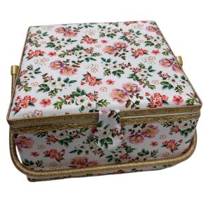 Sewing Basket Vintage Print with Lid, 12.4 in x 12.4 in and 7.5 in tall – Large Capacity Sewing Box in Four Different Prints, Plastic Tray with Multiple Tray Included