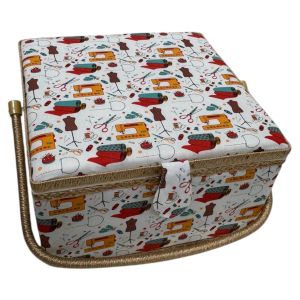 Sewing Basket Vintage Print with Lid, 12.4 in x 12.4 in and 7.5 in tall – Large Capacity Sewing Box in Four Different Prints, Plastic Tray with Multiple Tray Included